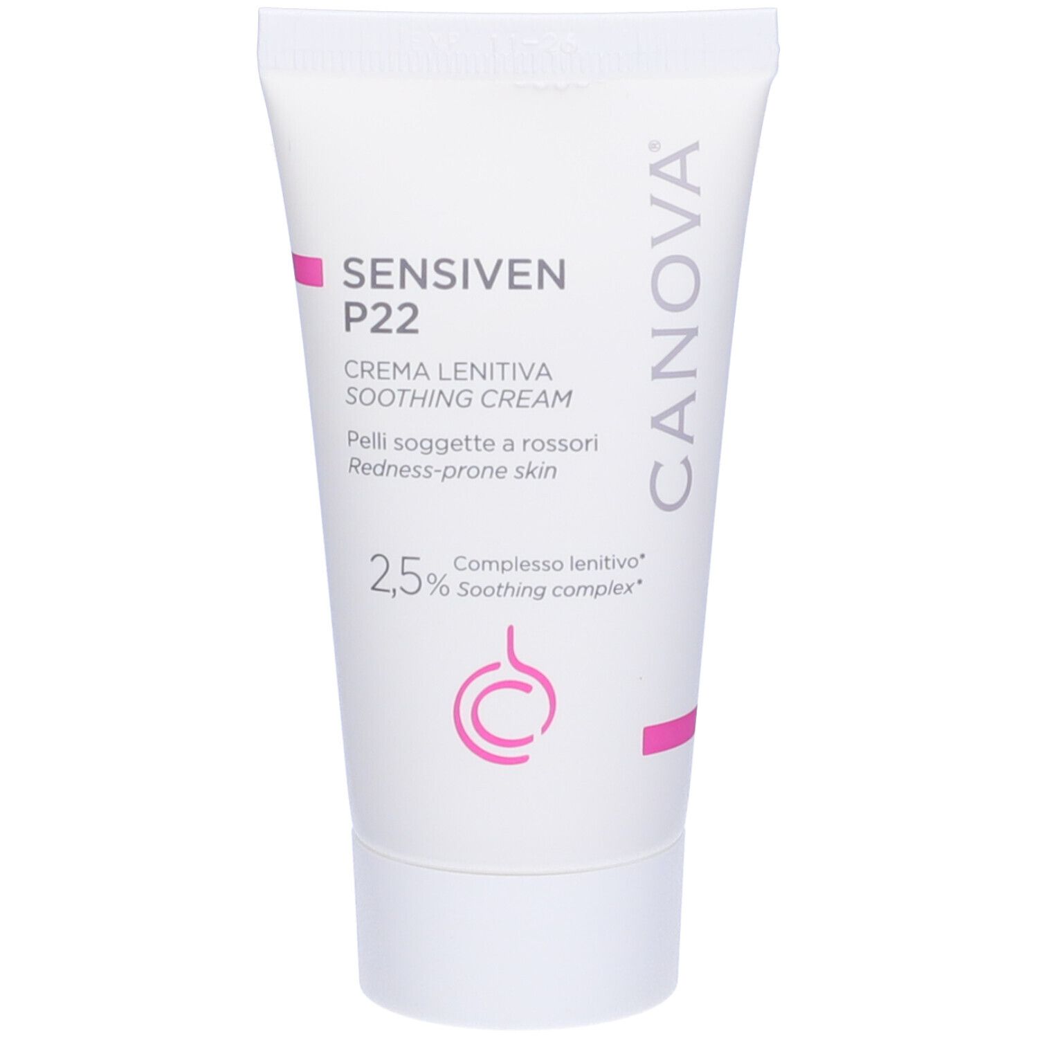 Tube blanc CANOVA SENSIVEN P22. Crème apaisante pour peaux sujettes aux rougeurs. Inscription en rose.