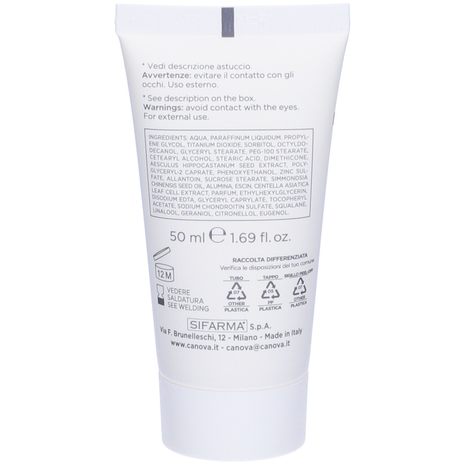Dos du tube. Ingrédients, avertissements et informations fabricant. Texte blanc sur fond blanc.