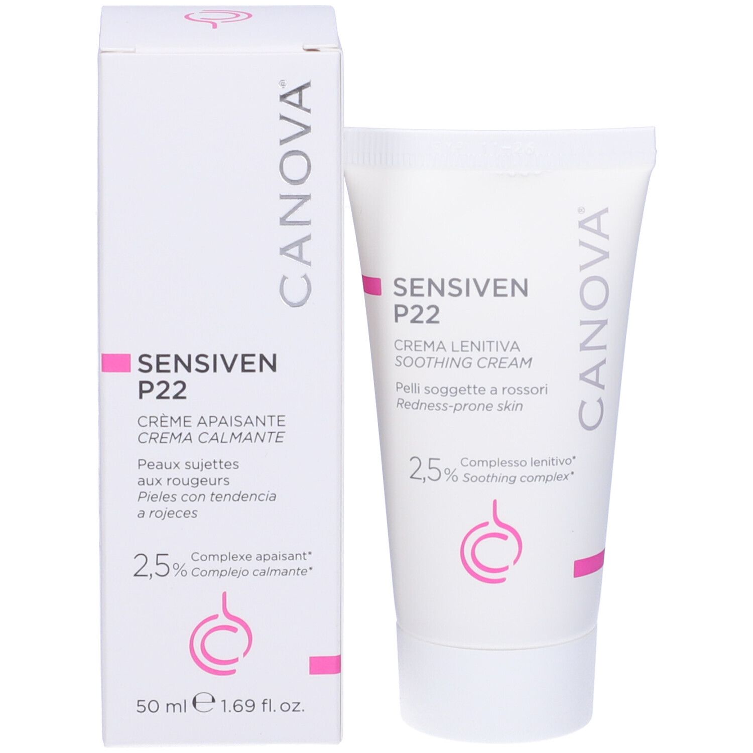 Emballage du produit avec tube et boîte. CANOVA SENSIVEN P22, crème apaisante. Accents et logo roses.