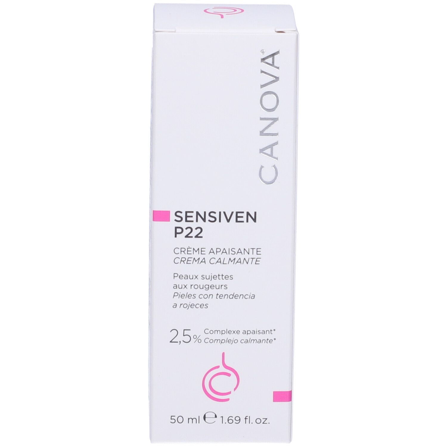 Boîte blanche CANOVA SENSIVEN P22. Crème apaisante. Inscriptions roses.