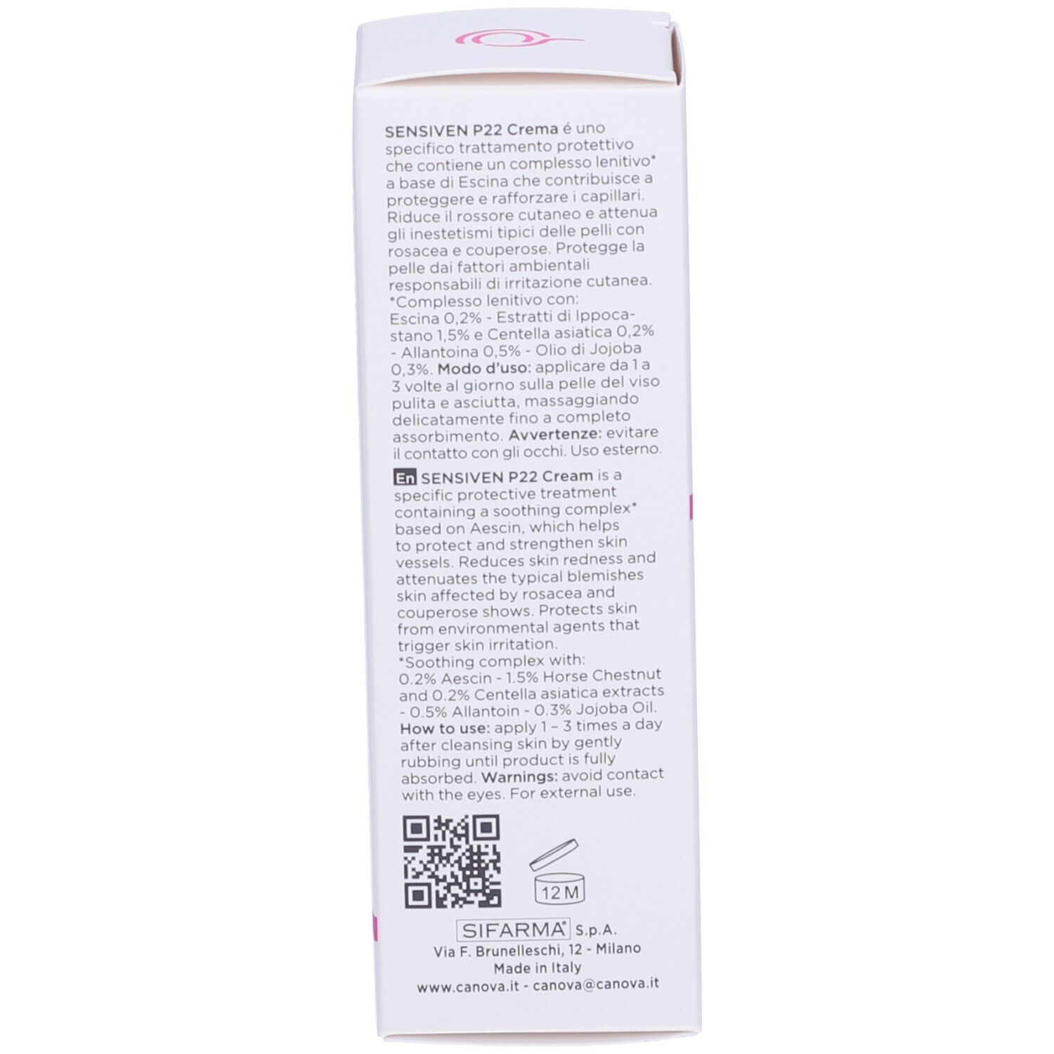 Vue latérale de la boîte. Informations produit, ingrédients et instructions. Texte en anglais et italien.