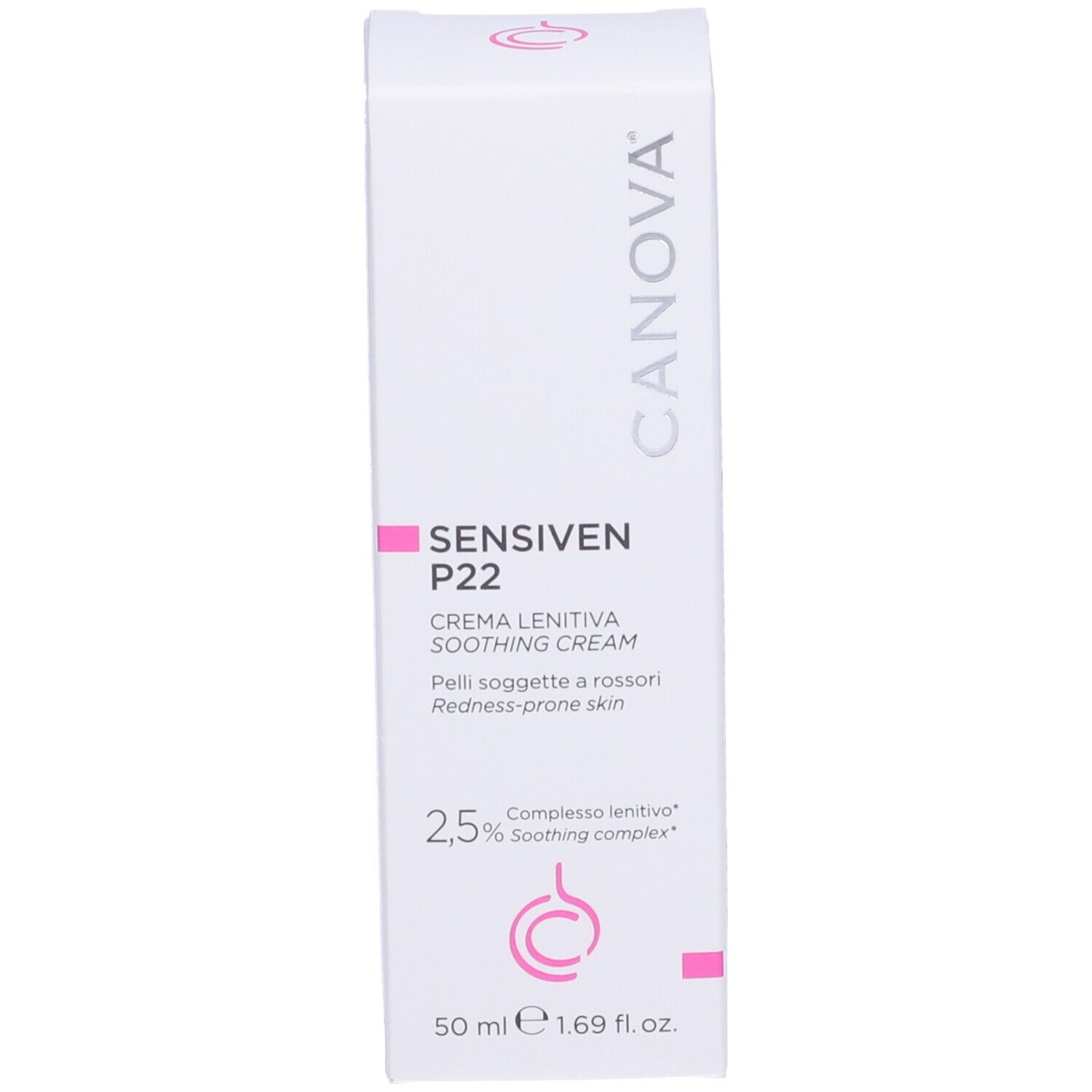 Boîte blanche CANOVA SENSIVEN P22. Nom et logo du produit en rose. Contient une crème apaisante.