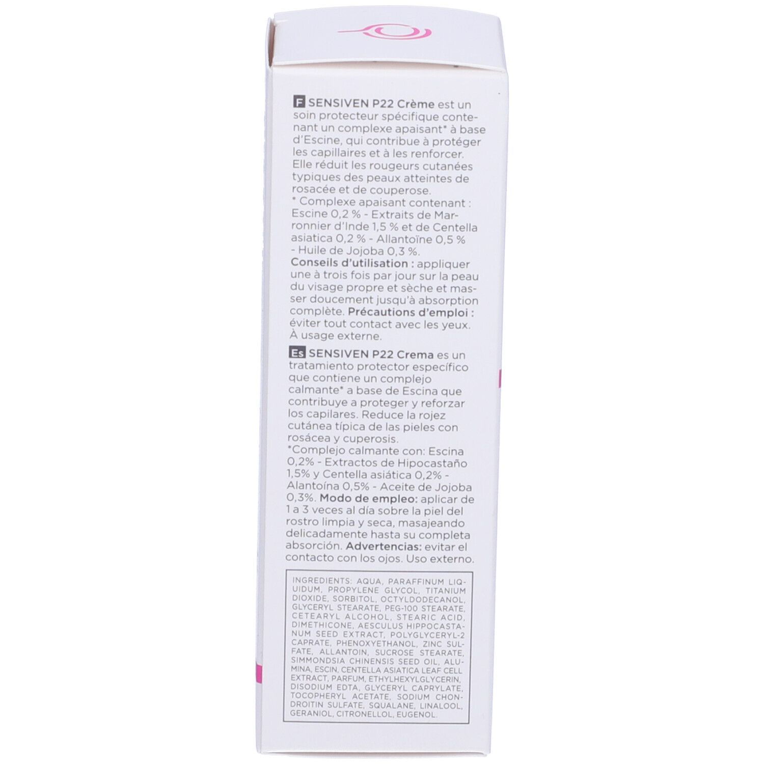 Vue latérale de la boîte. Informations produit, ingrédients et instructions d'utilisation. Texte en français et anglais.