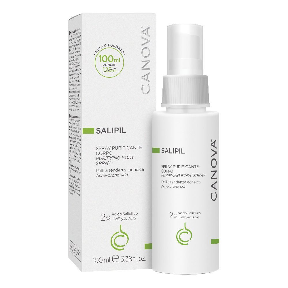 Spray CANOVA SALIPIL et emballage. Spray blanc avec accent vert. Inscription : SALIPIL, 100ml, 2% acide salicylique.
