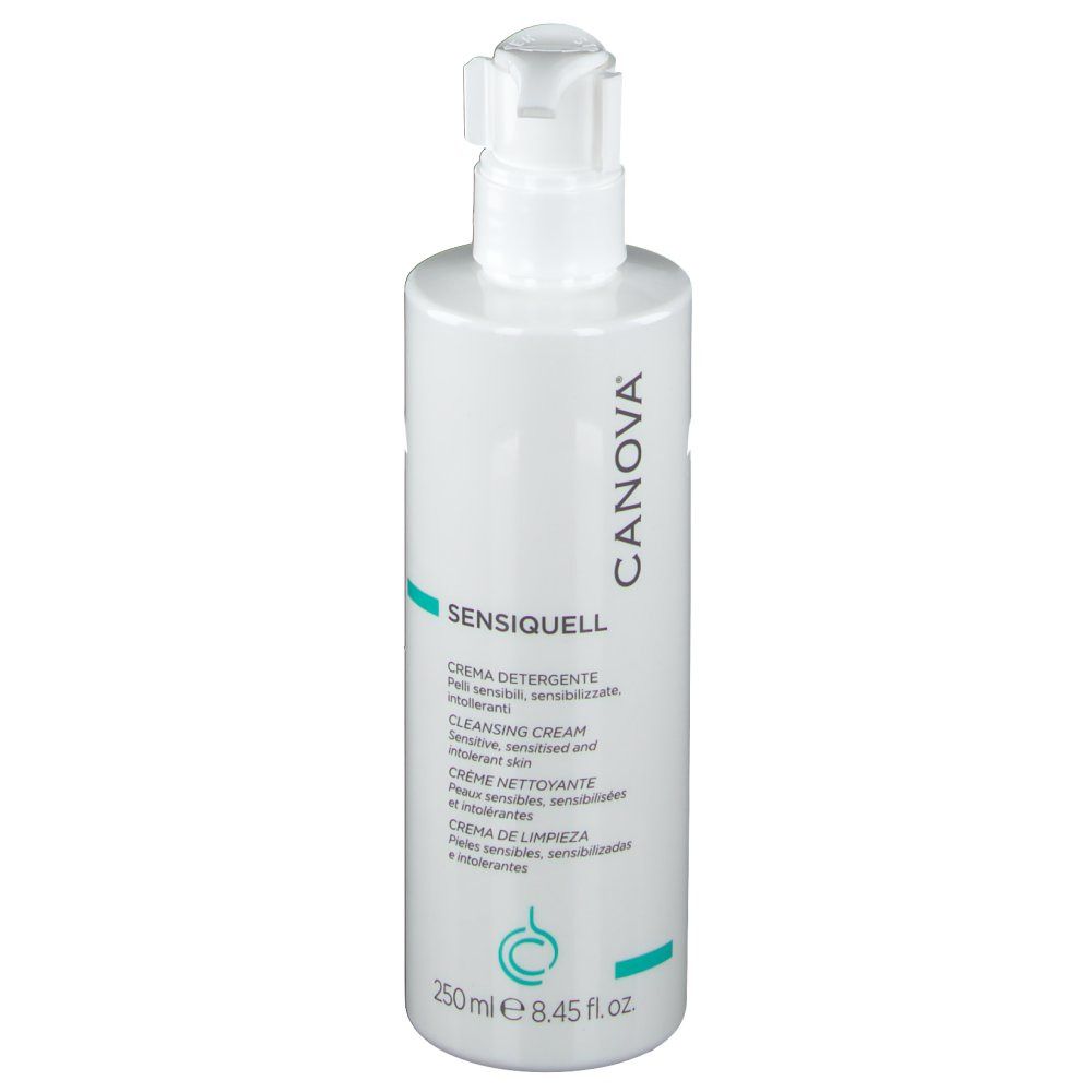 Flacon blanc avec pompe doseuse. Inscription: CANOVA, SENSIQUELL, CREMA DETERGENTE, 250 ml.