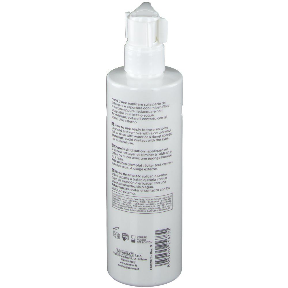 Flacon blanc avec pompe doseuse. Texte multilingue. Informations d'utilisation.
