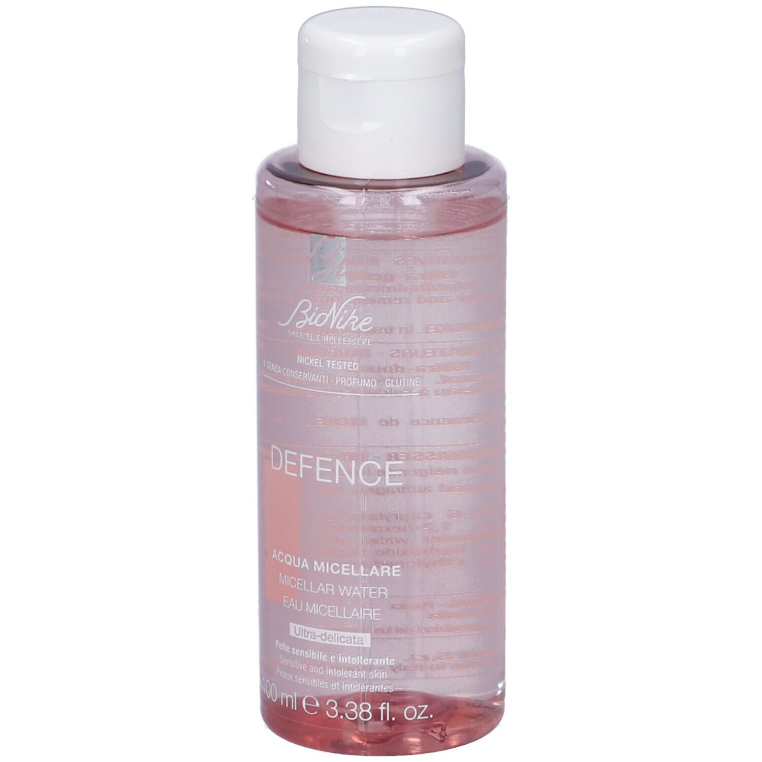 Flacon transparent avec bouchon blanc. Inscriptions: DEFENCE, ACQUA MICELLARE, MICELLES WATER, EAU MICELLAIRE. 100 ml.