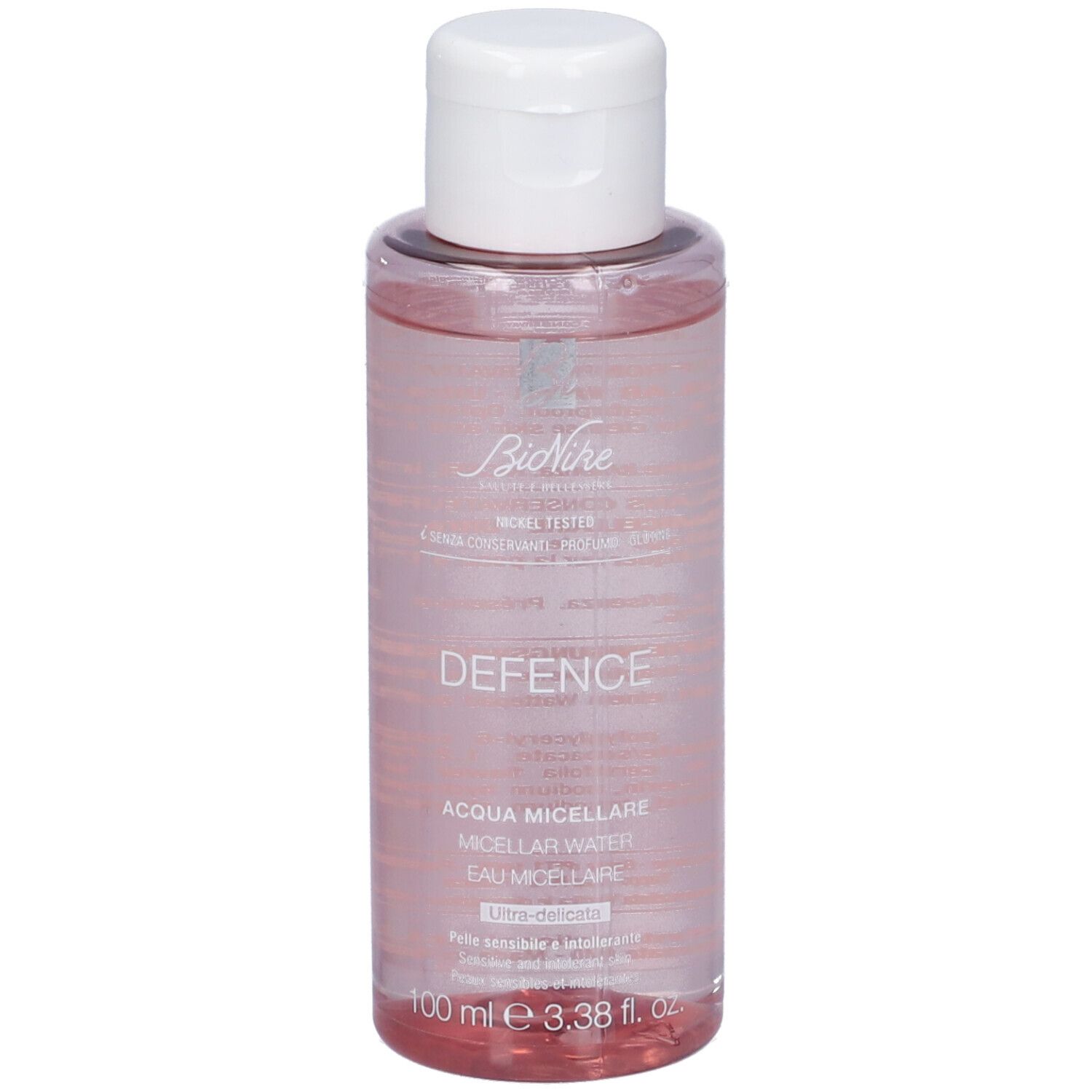 Flacon transparent avec bouchon blanc. Inscriptions: DEFENCE, ACQUA MICELLARE, MICELLES WATER, EAU MICELLAIRE. 100 ml.