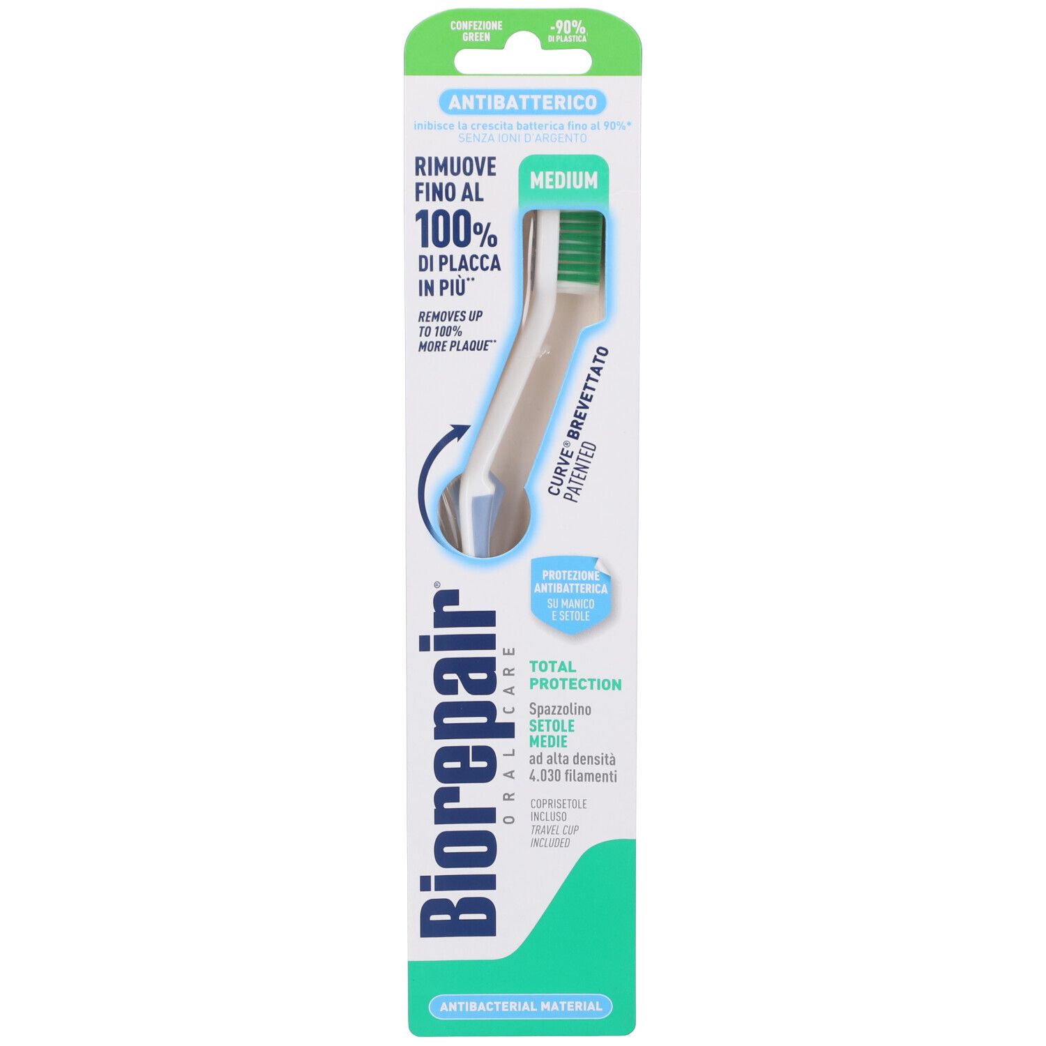 Brosse à dents avec tête de brosse verte dans son emballage. Inscription : Biorepair, Antibactérien, Total Protection, Medium.