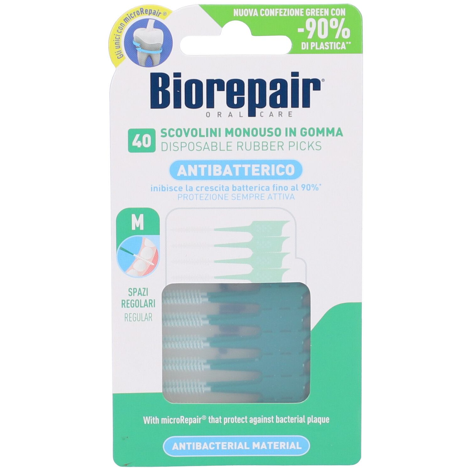 Paquet de Biorepair® Scovolini Antibatterici en caoutchouc. 40 brossettes vertes. Taille 'M' pour espaces réguliers.
