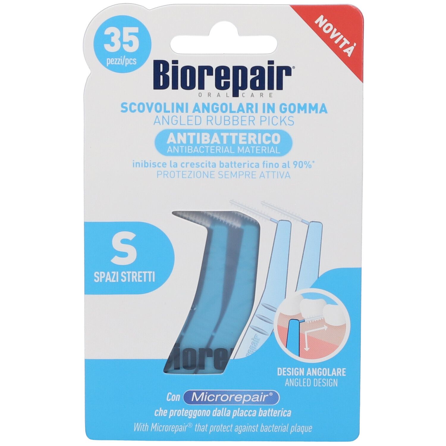 Emballage de 35 brossettes en caoutchouc Biorepair® pour espaces interdentaires étroits, antibactérien.