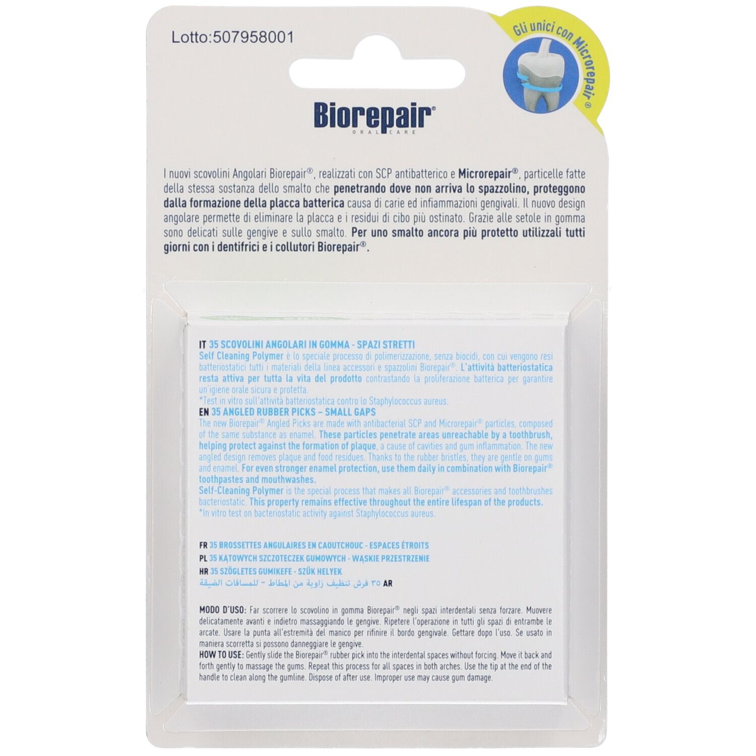 Arrière de l'emballage des brossettes en caoutchouc Biorepair® pour espaces interdentaires étroits avec informations produit.