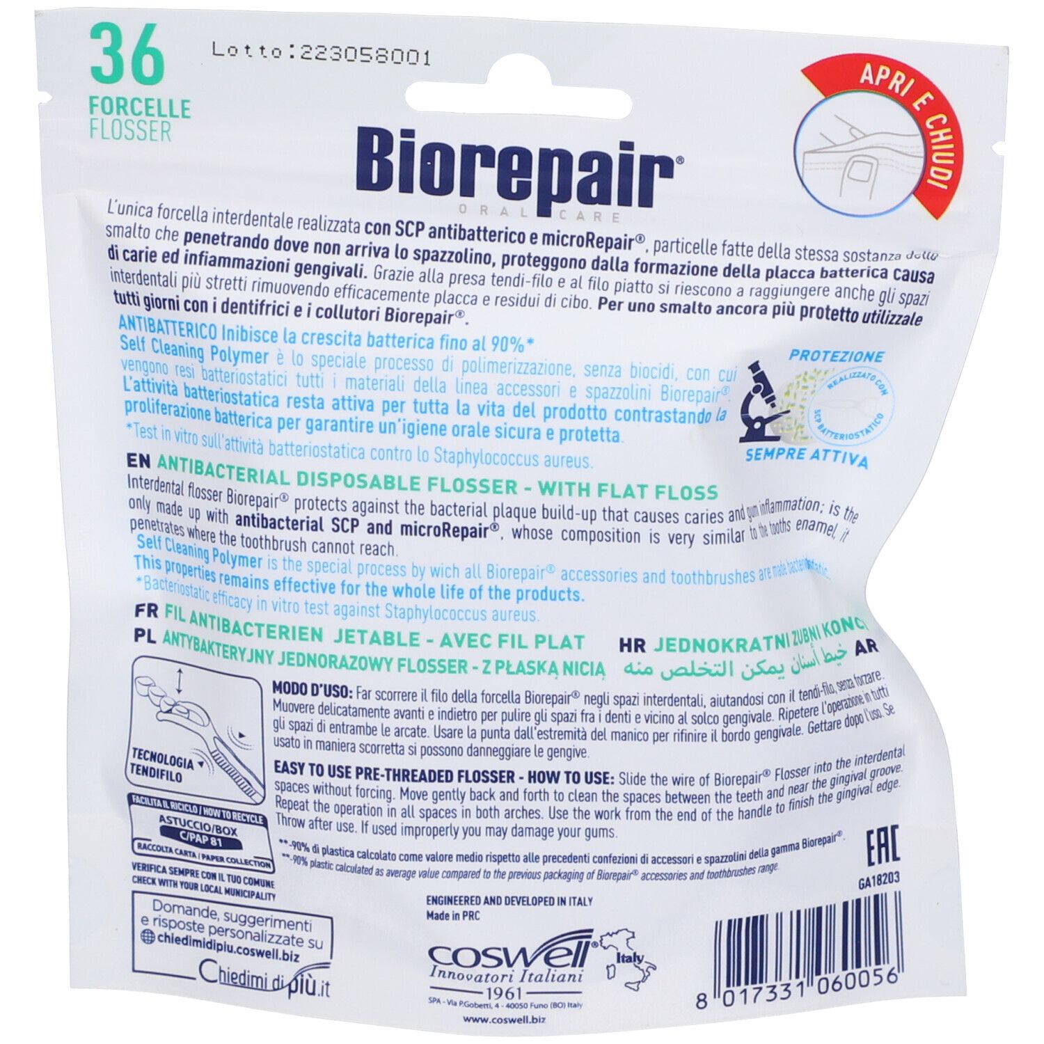 Dos du paquet avec texte et illustrations. Marque Biorepair, texte : Antibactérien.