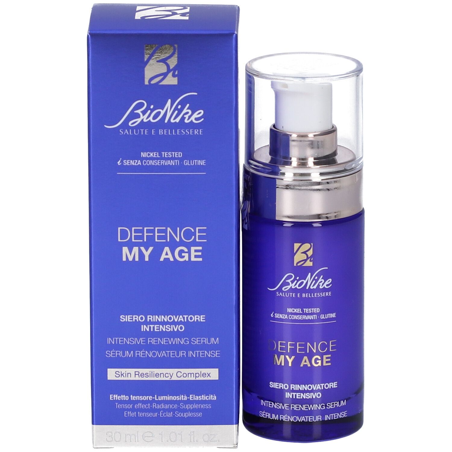 Flacon de sérum bleu et boîte. Inscription: BioNike DEFENCE MY AGE. 30 ml.