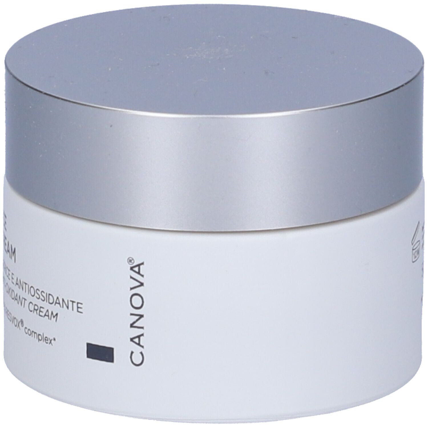Pot de crème avec couvercle argenté. Inscription: CANOVA. Sur le côté: RESURFACE OXBAN CREAM, Crème réparatrice et antioxydante.