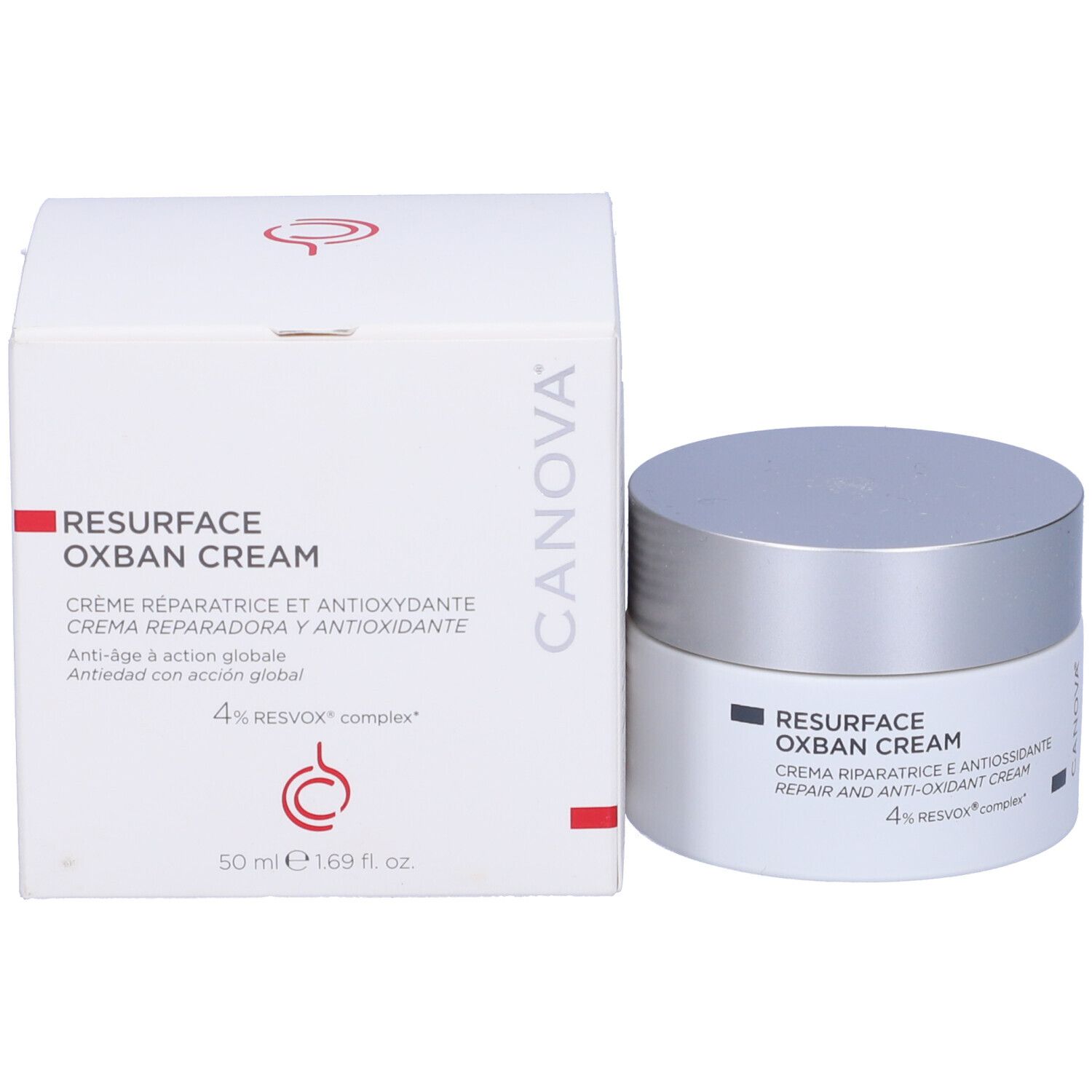 Pot de crème et boîte. Sur la boîte: RESURFACE OXBAN CREAM, Crème réparatrice et antioxydante, 50 ml e 1,69 fl. oz.