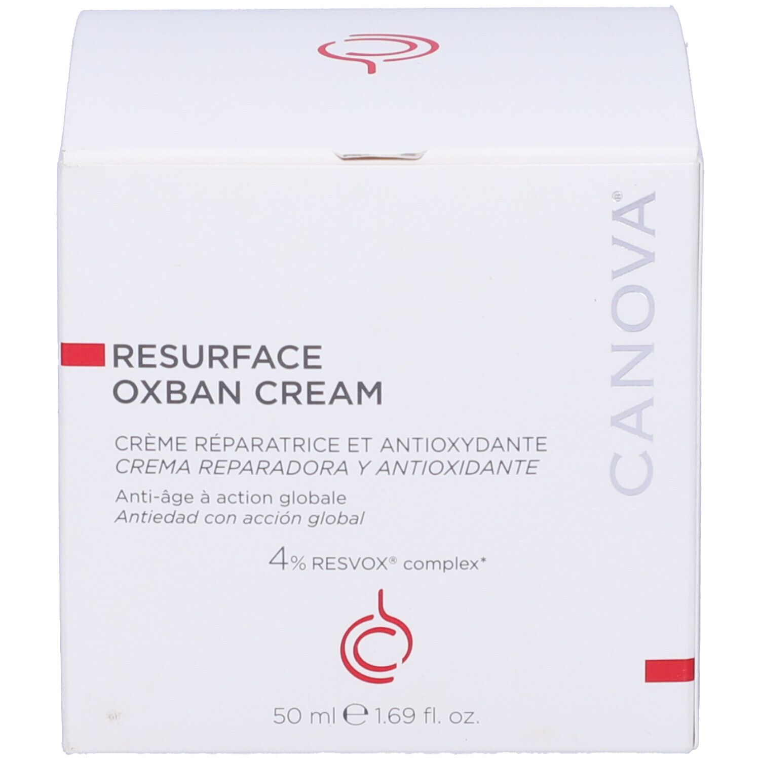Boîte blanche avec inscription: RESURFACE OXBAN CREAM, Crème réparatrice et antioxydante, 50 ml e 1,69 fl. oz.