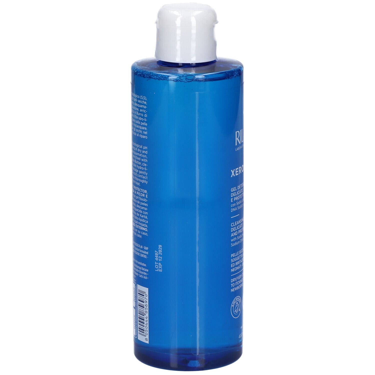 Arrière de la bouteille de Gel Nettoyant Rilastil Xerolact avec informations produit.