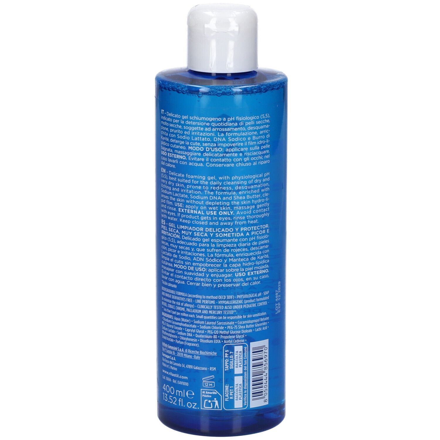 Arrière de la bouteille de Gel Nettoyant Rilastil Xerolact avec instructions d'utilisation.