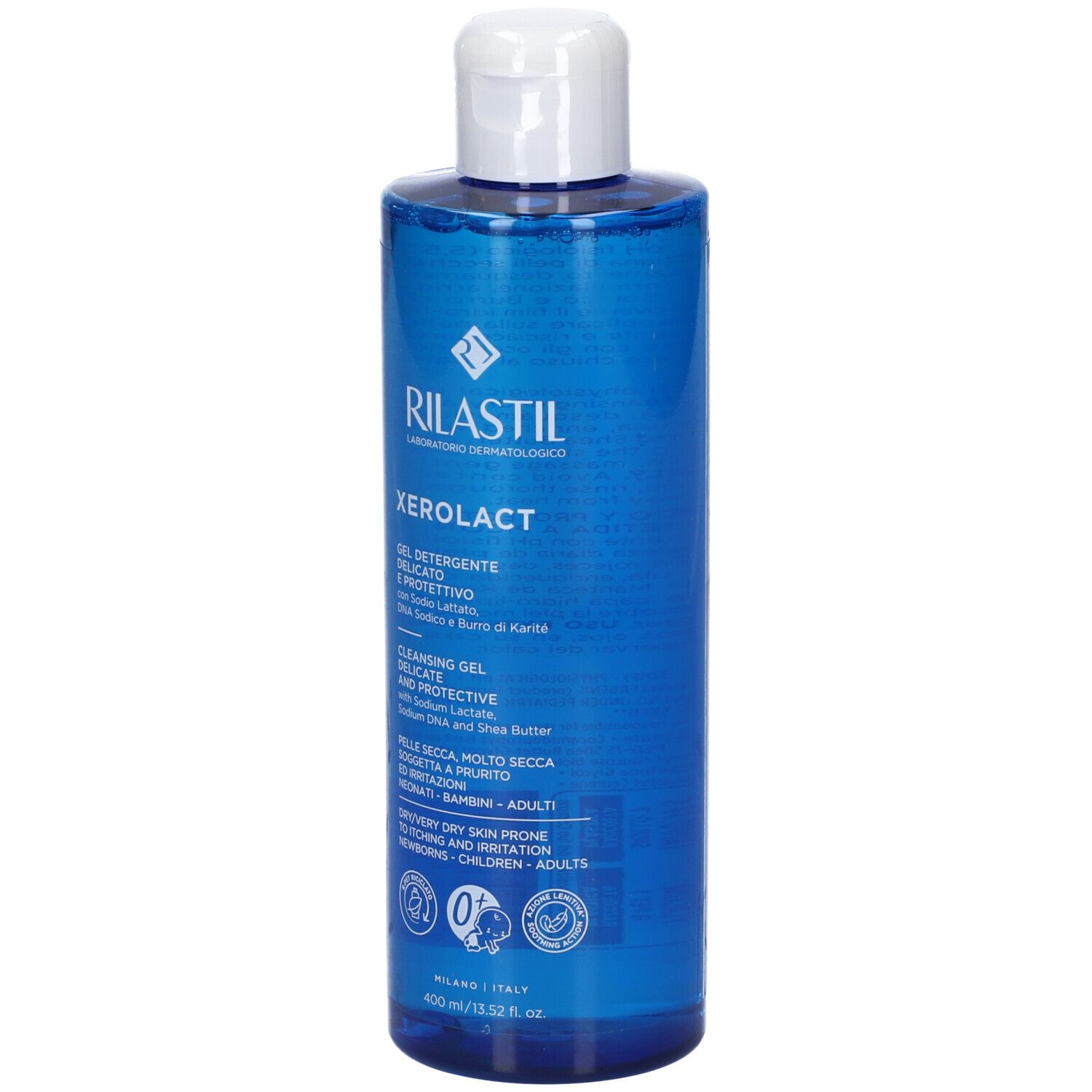 Bouteille de Gel Nettoyant Rilastil Xerolact, 400ml, vue de face.