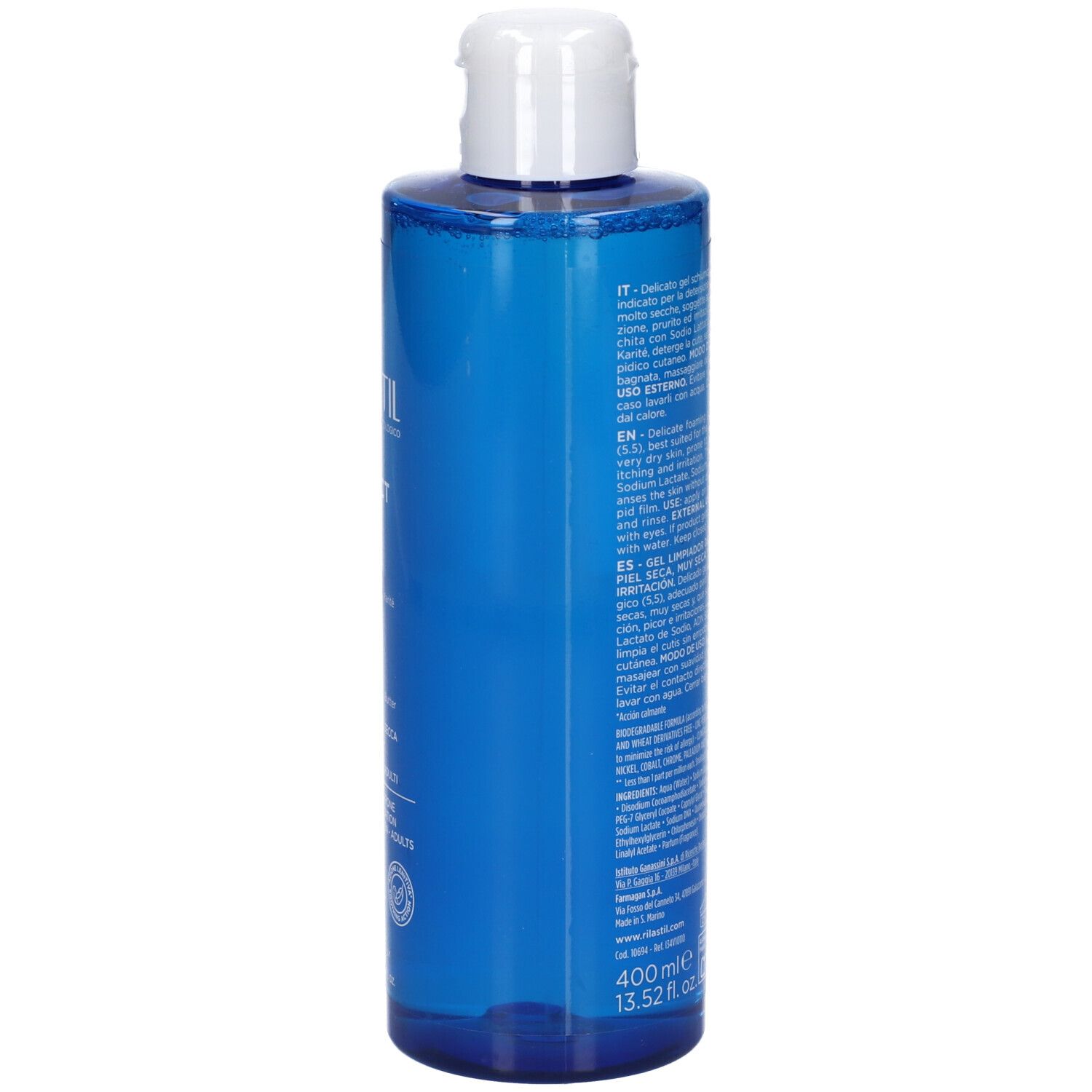 Vue latérale de la bouteille de Gel Nettoyant Rilastil Xerolact.