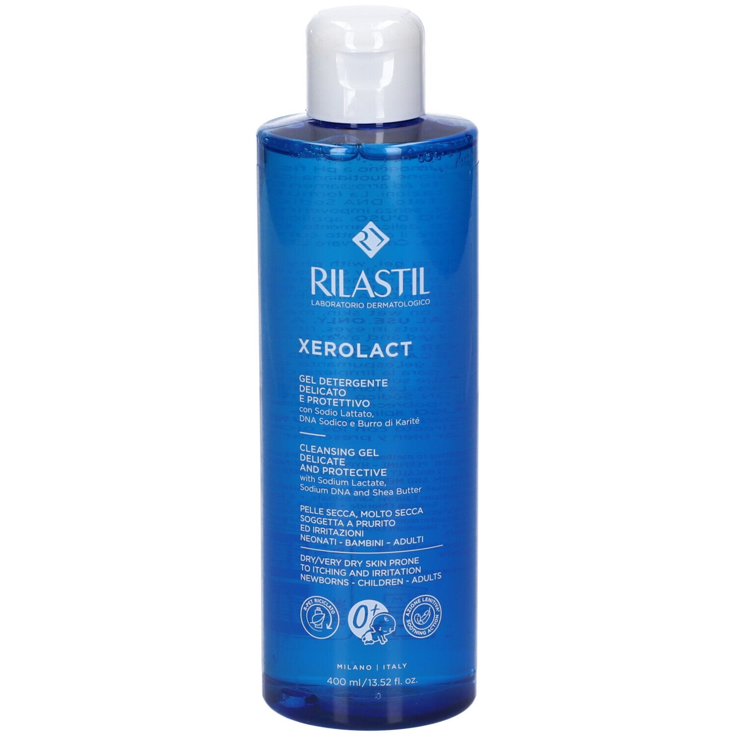 Bouteille de Gel Nettoyant Rilastil Xerolact avec bouchon à rabat blanc.