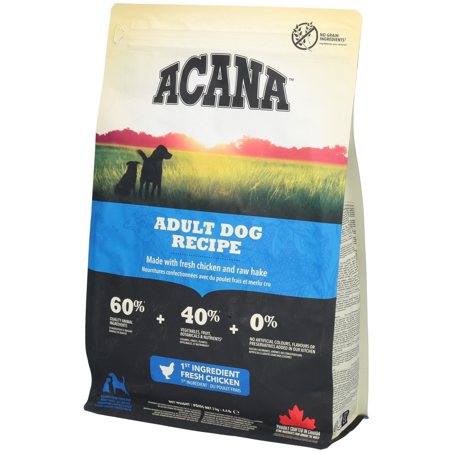 Sac de nourriture pour chiens ACANA DOG ADULT 2KG. Logo, texte et illustrations. Contient 60% d'ingrédients animaux, 40% de légumes et 0% d'additifs artificiels.