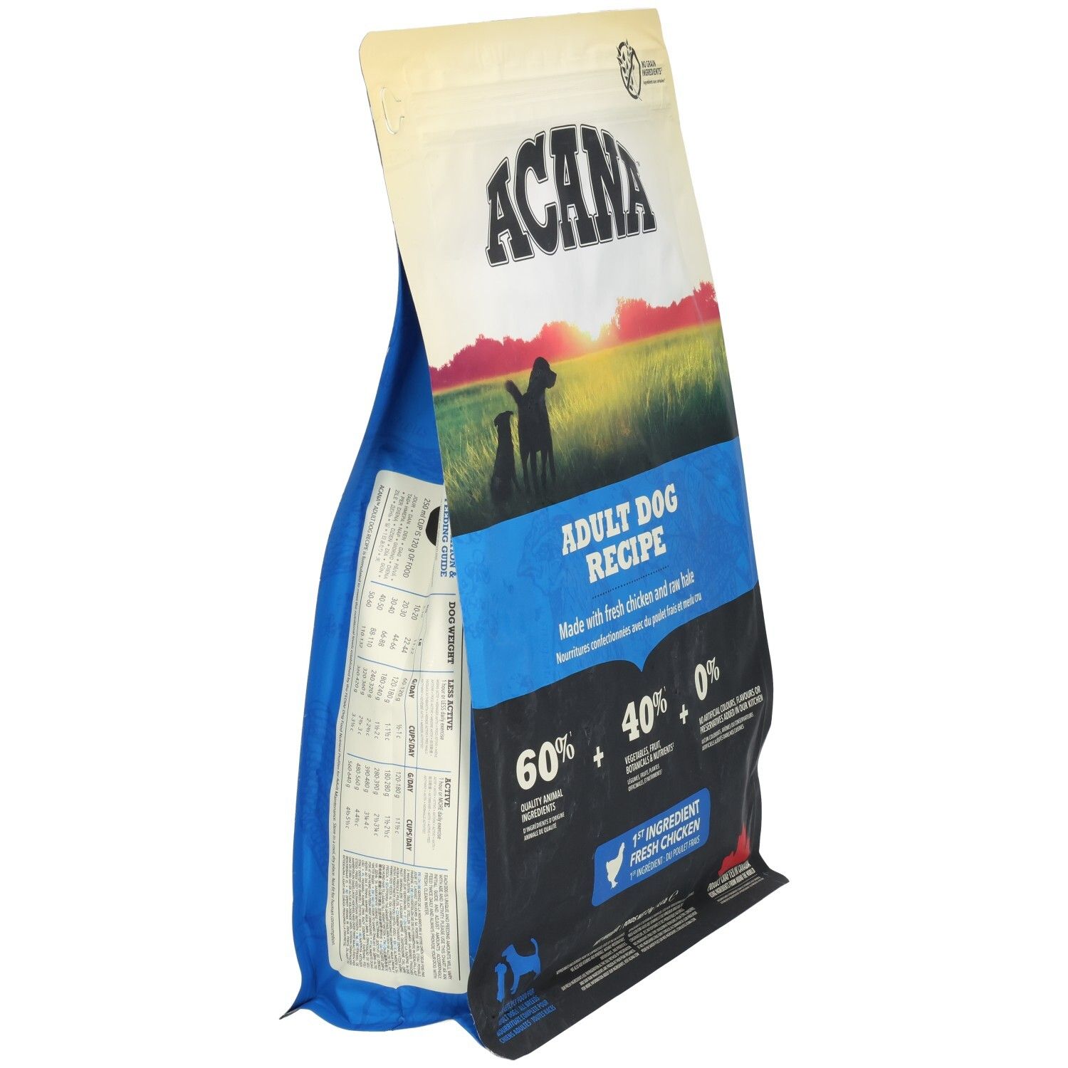 Sac de nourriture pour chiens ACANA DOG ADULT 2KG, vue latérale. Logo, texte et illustrations. Contient 60% d'ingrédients animaux, 40% de légumes et 0% d'additifs.