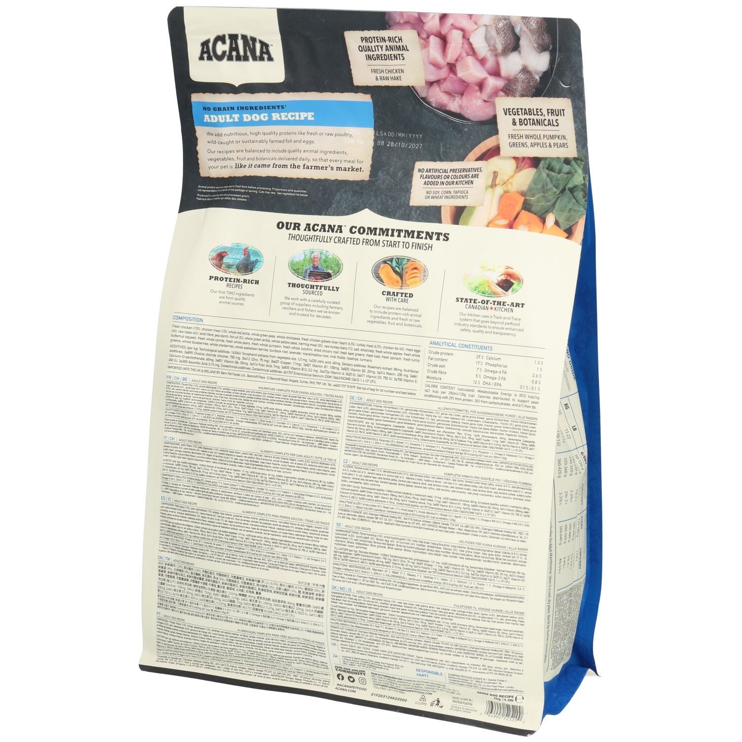 Dos du sac de nourriture pour chiens ACANA DOG ADULT 2KG. Texte et illustrations. Informations sur les ingrédients et la composition.