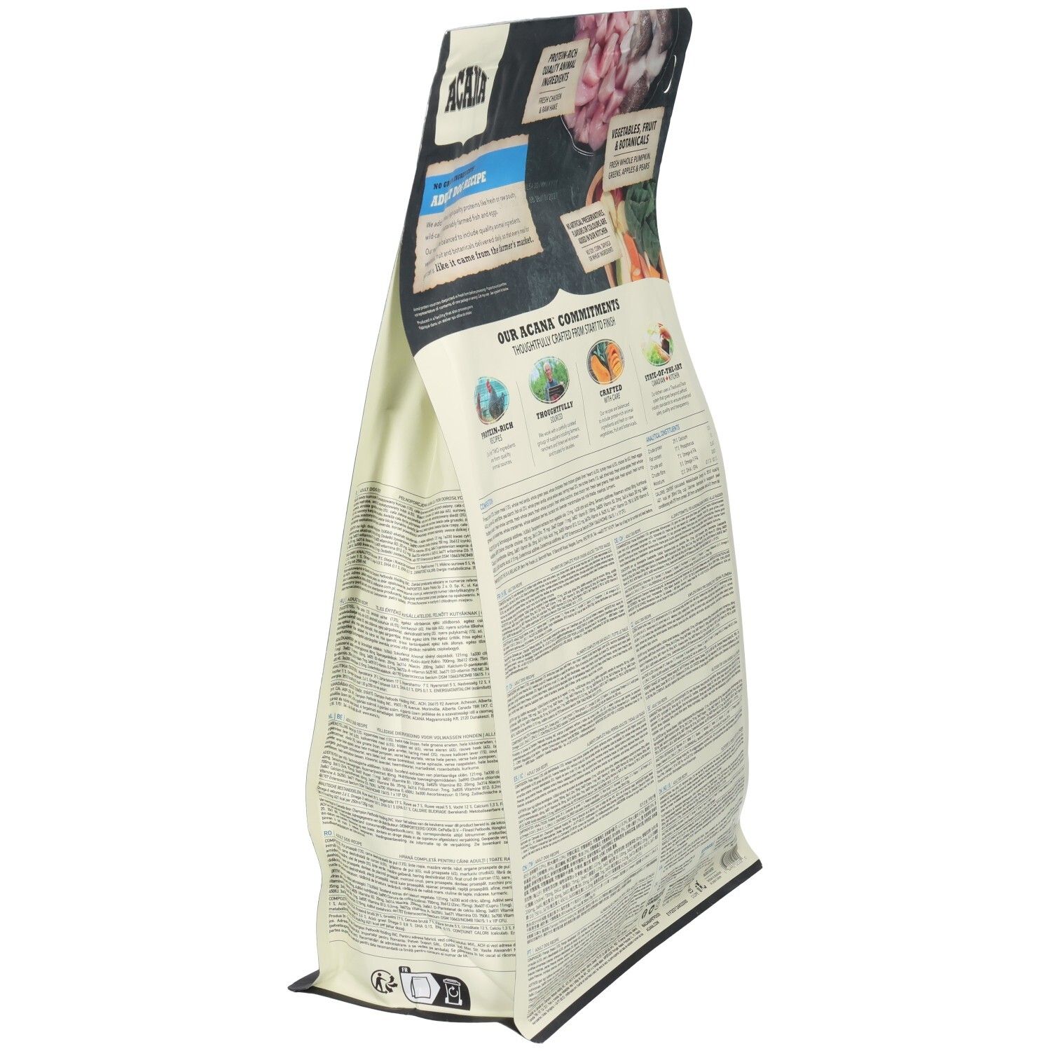 Vue latérale du sac de nourriture pour chiens ACANA DOG ADULT 2KG. Texte et illustrations. Informations sur les ingrédients et la composition.