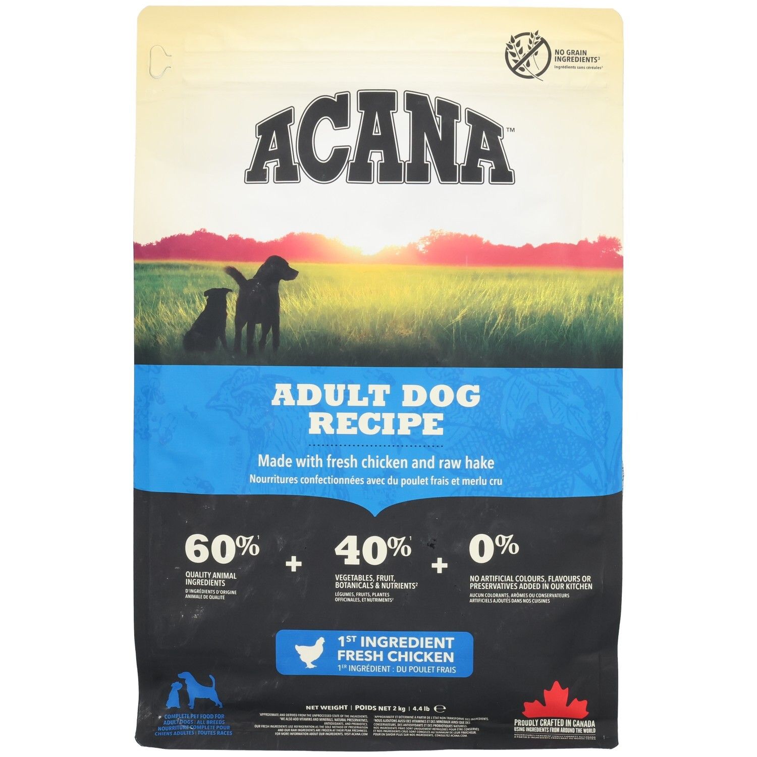 Sac de nourriture pour chiens ACANA DOG ADULT 2KG. Logo, texte et illustrations. Contient 60% d'ingrédients animaux, 40% de légumes et 0% d'additifs artificiels.