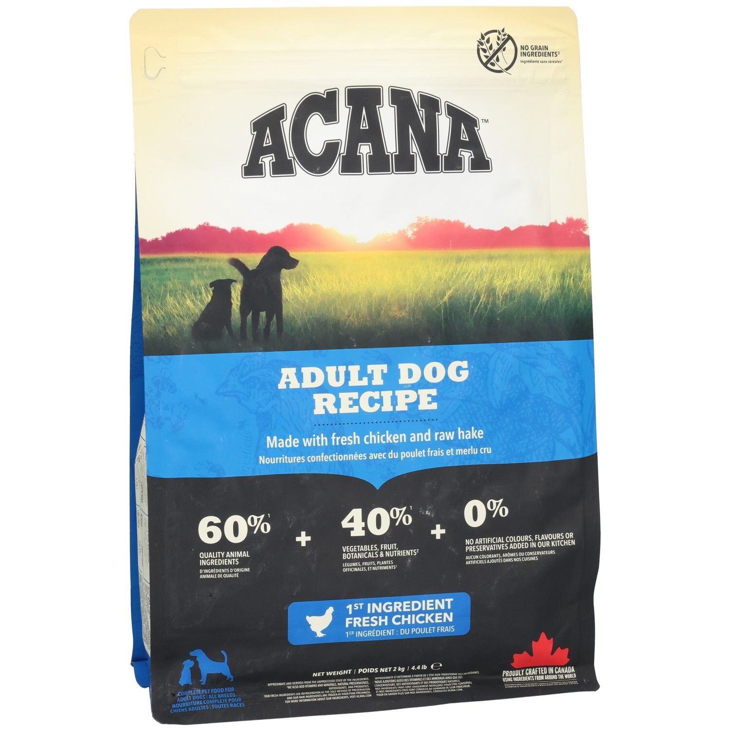 Sac de nourriture pour chiens ACANA DOG ADULT 2KG. Logo, texte et illustrations. Contient 60% d'ingrédients animaux, 40% de légumes et 0% d'additifs artificiels.