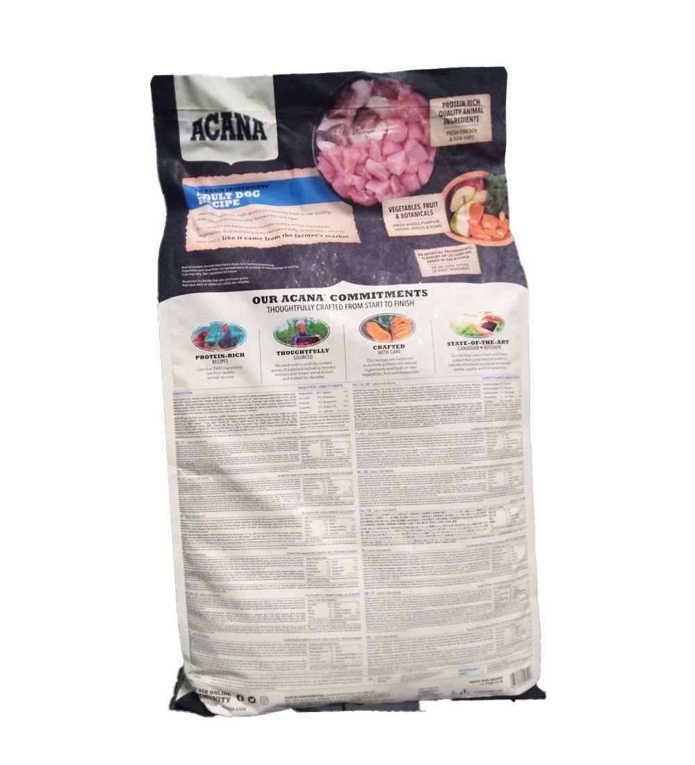 Dos du sac de nourriture pour chiens ACANA. Texte et illustrations des ingrédients et des valeurs nutritionnelles.