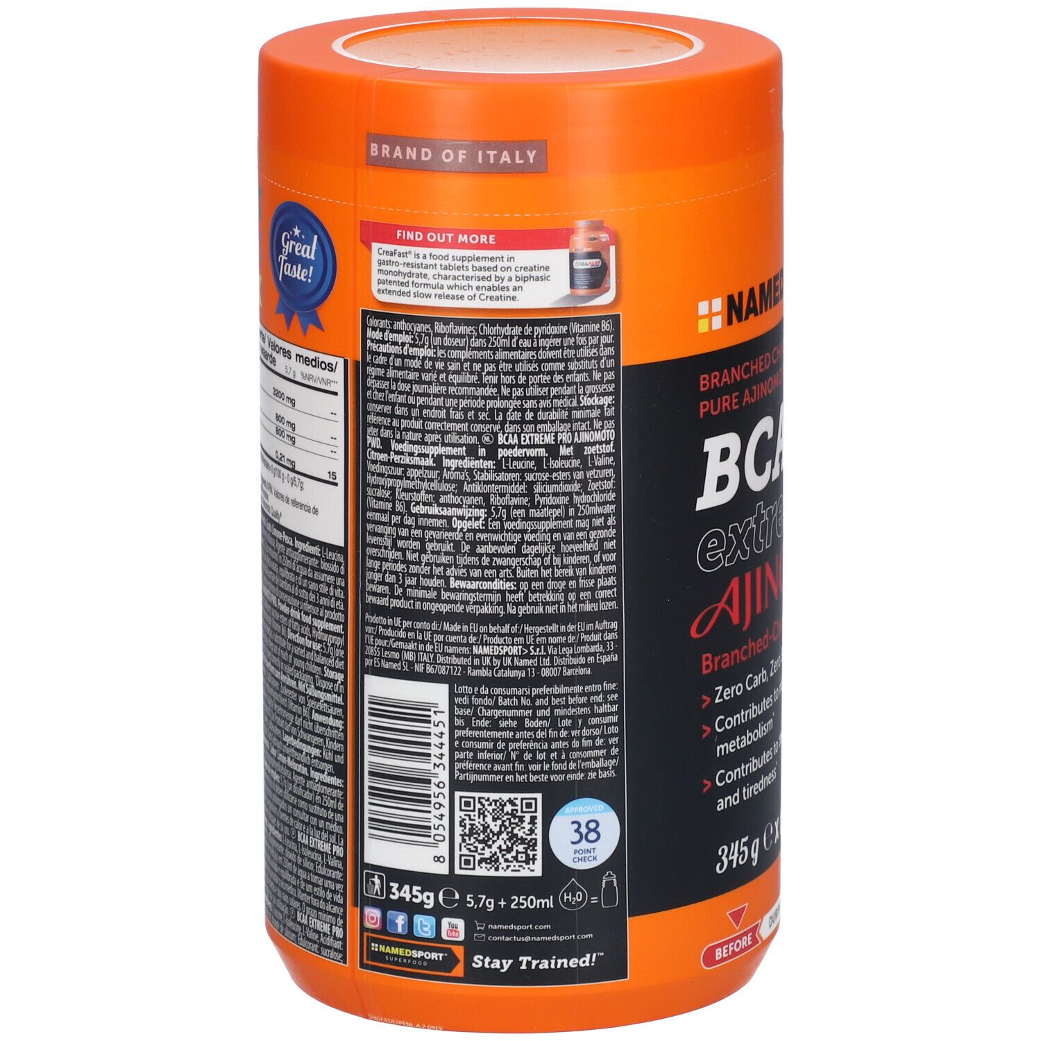 Dos de la boîte orange. Informations sur BCAA 4:1:1 Extremepro. Code QR et informations nutritionnelles.