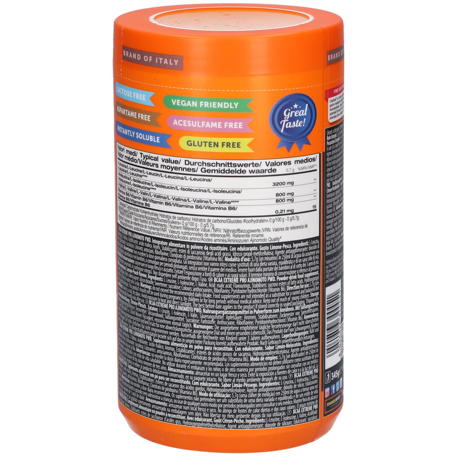 Dos de la boîte orange. Informations nutritionnelles et informations sur BCAA 4:1:1 Extremepro.