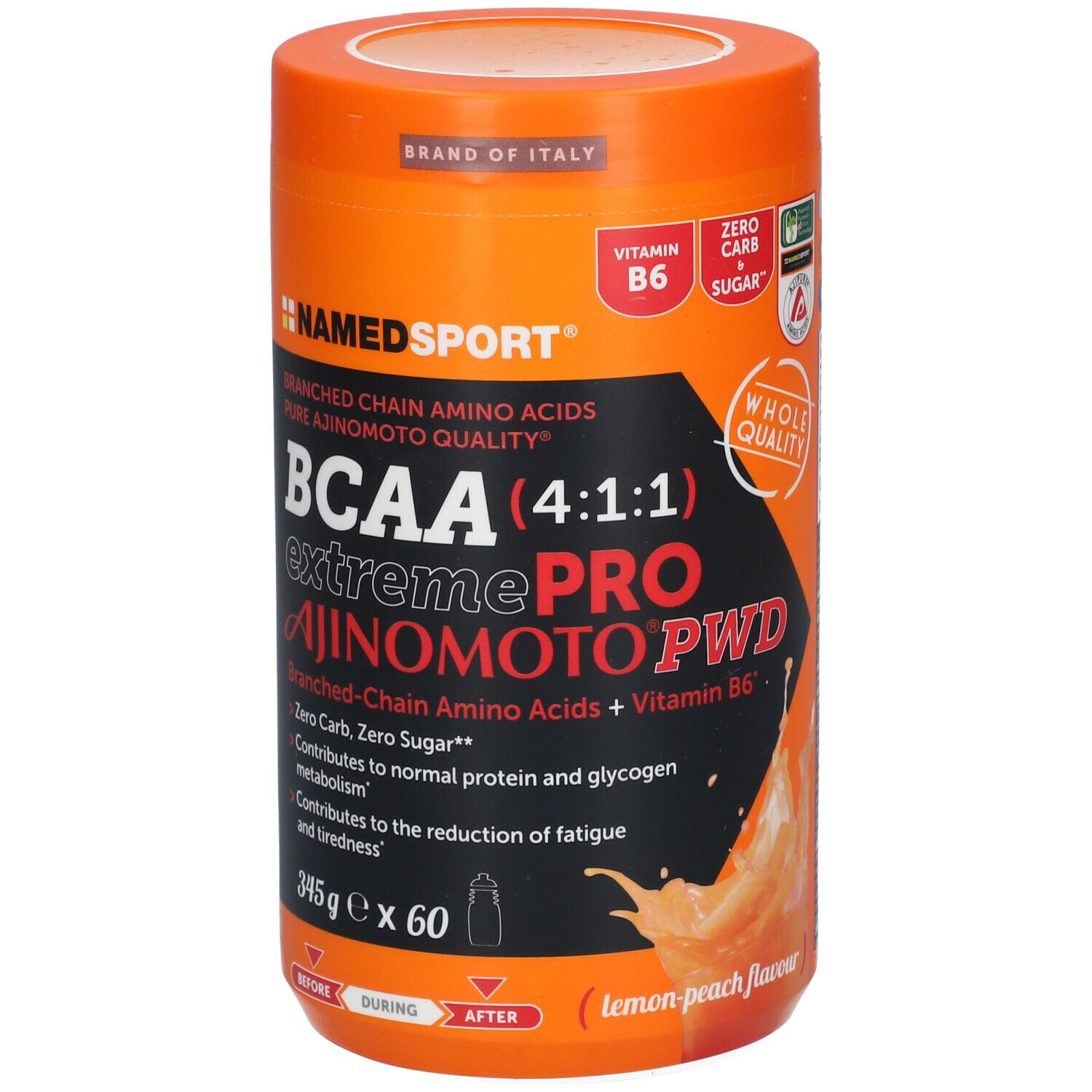 Boîte orange BCAA 4:1:1 Extremepro Ajinomoto PWD. Contient de la vitamine B6. 345g x 60. Goût citron-pêche.