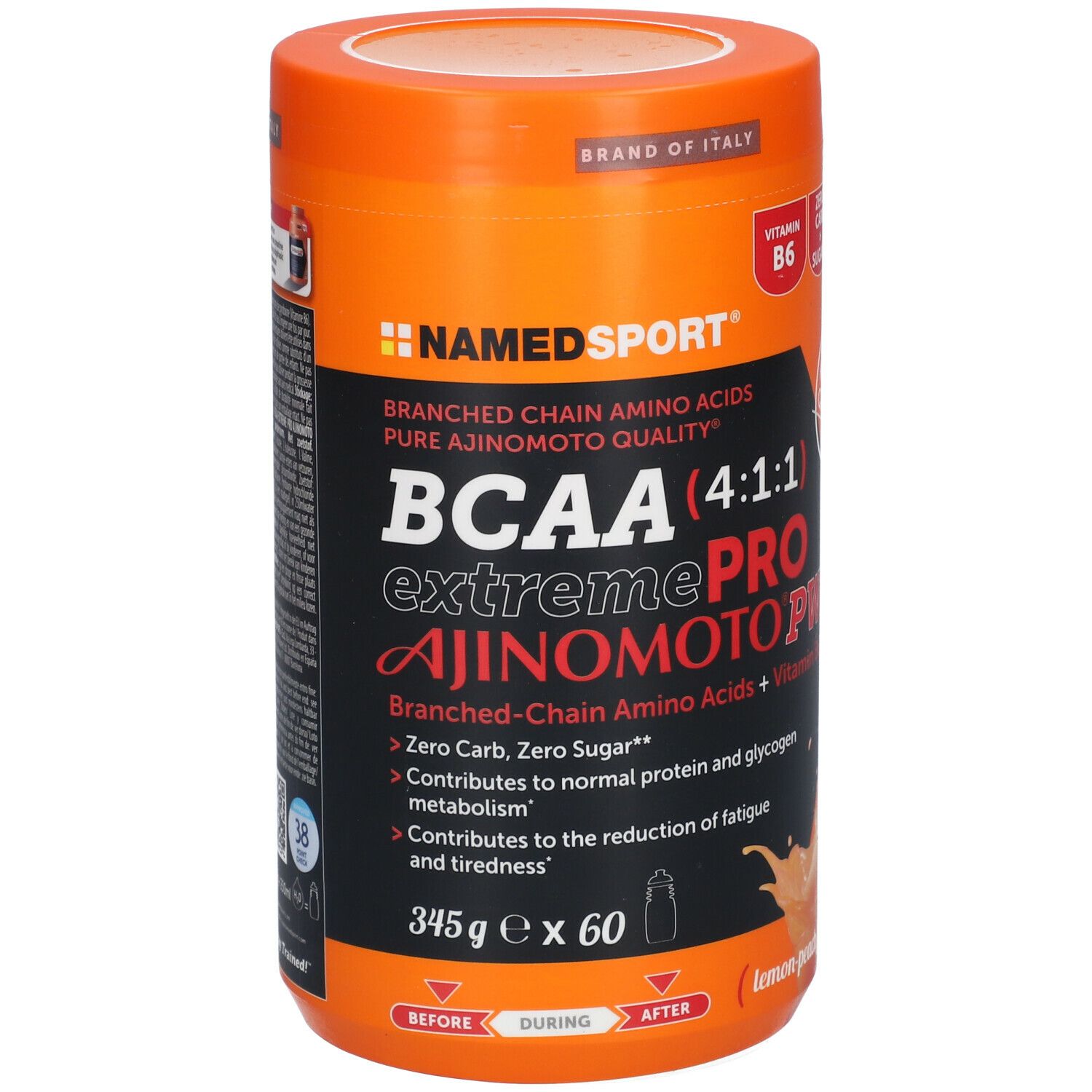 Boîte orange BCAA 4:1:1 Extremepro Ajinomoto PWD. Contient de la vitamine B6. 345g x 60. Goût citron-pêche.