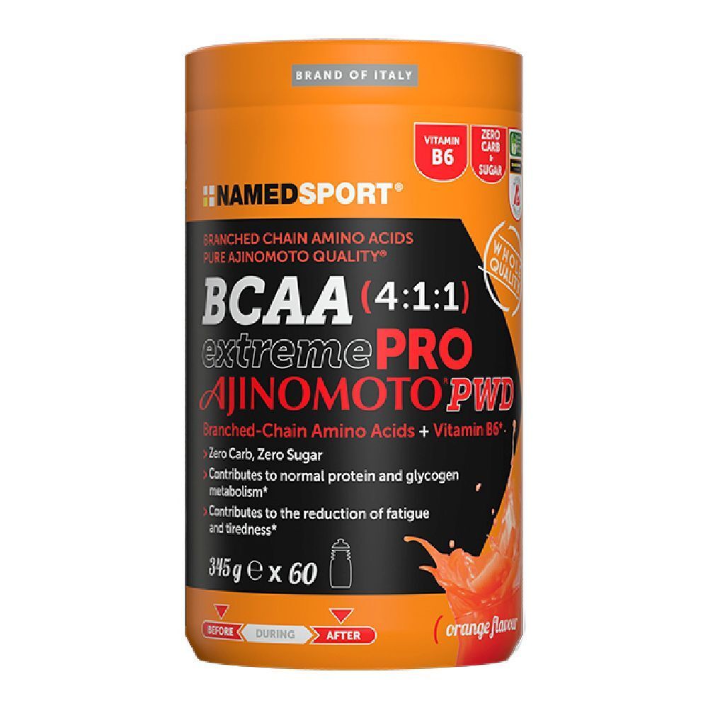Boîte orange NAMEDSPORT® BCAA 4:1:1 Extremepro Ajinomoto PWD. Contient vitamine B6, sans sucre. Marque italienne.