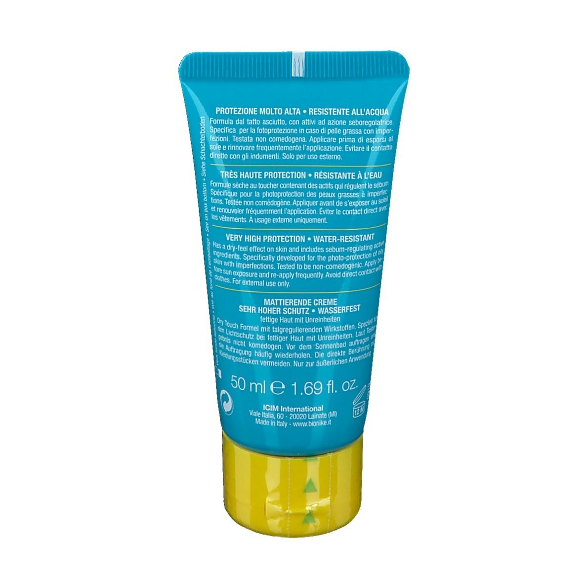 Dos du tube turquoise. Texte multilingue. Inscription : Crème Matifiante, Résistant à l'eau. Marque : BioNike.