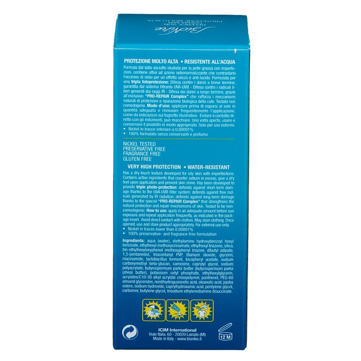 Dos de la boîte turquoise. Texte multilingue. Inscription : Très haute protection, Résistant à l'eau. Marque : BioNike.