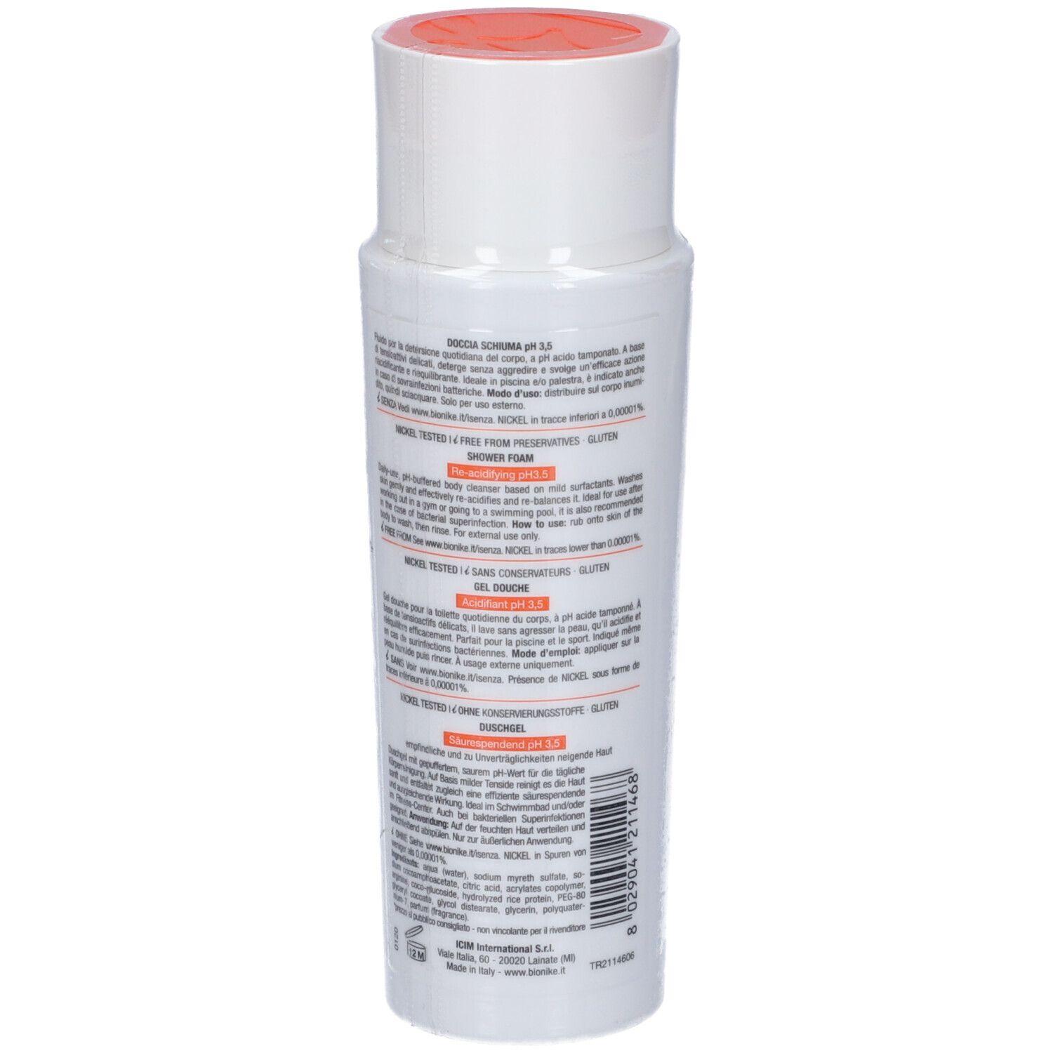 Vue arrière d'un flacon blanc avec bouchon orange. Texte multilingue. Marque: BioNike.