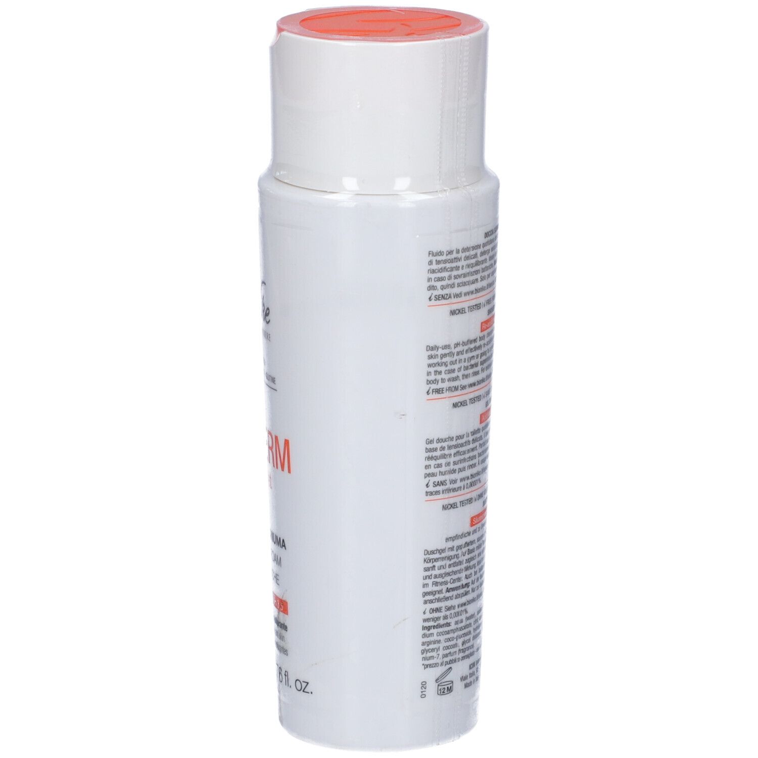 Flacon blanc avec bouchon orange. Inscription: Triderm Syndet, gel douche. Texte au dos.