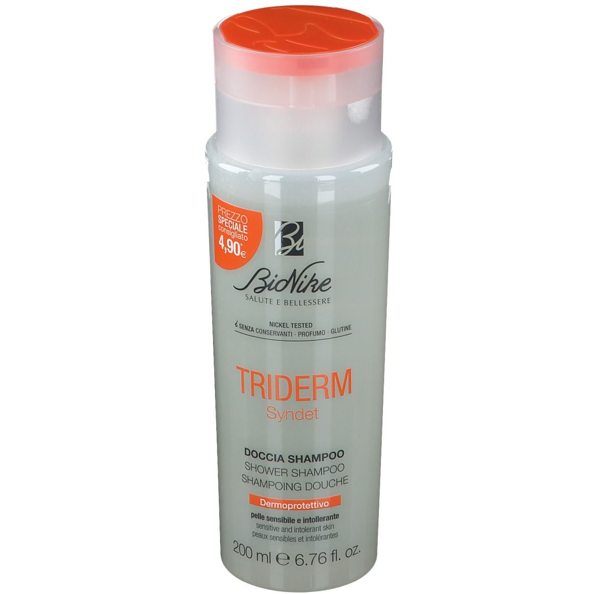 Bionike Triderm Dusch-Shampoo. Flacon avec bouchon orange. Inscription: Triderm, Shampooing douche, 200 ml.