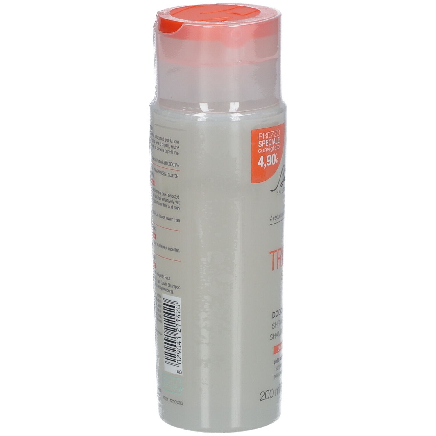 Bionike Triderm Dusch-Shampoo. Dos du flacon. Texte multilingue. 200 ml.