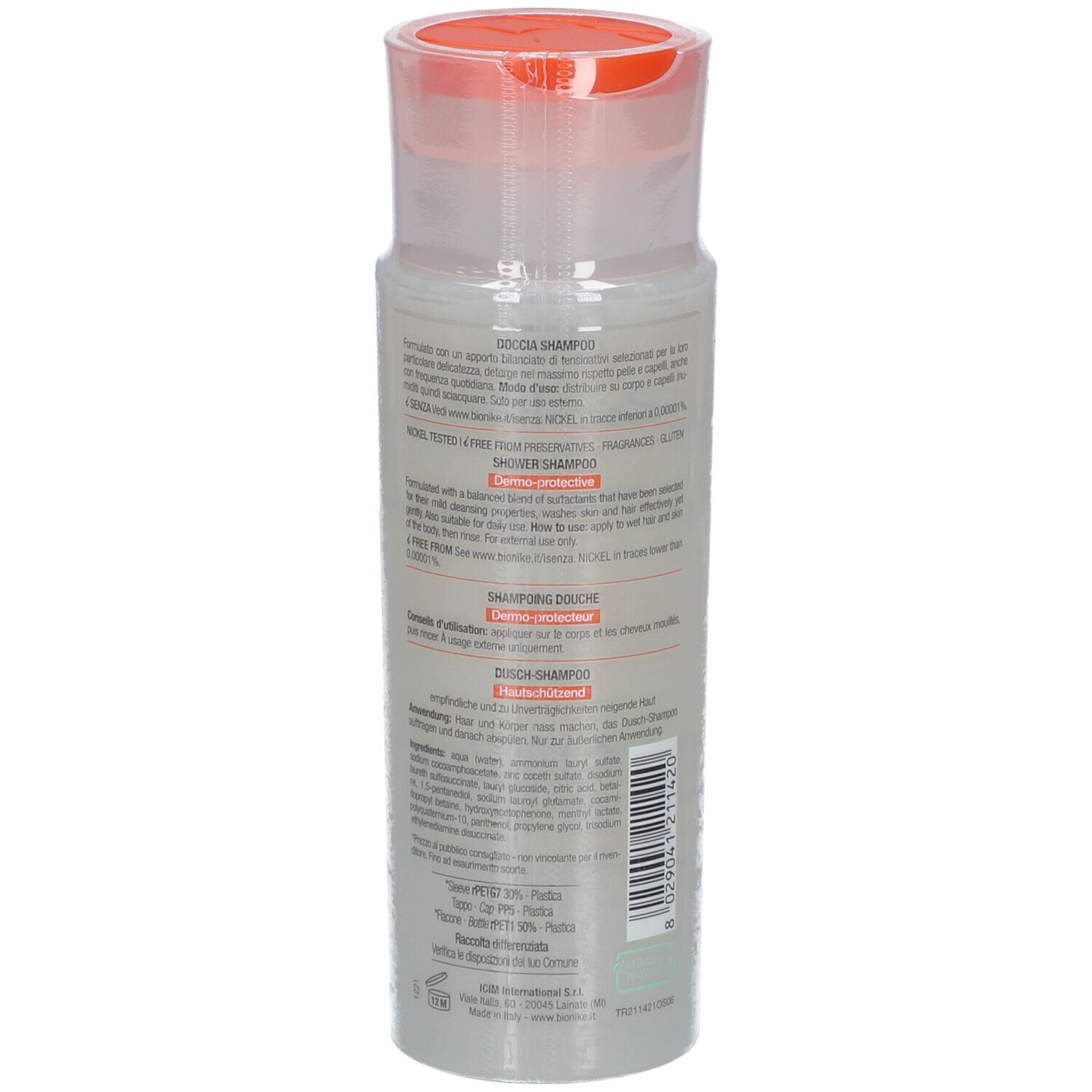 Bionike Triderm Dusch-Shampoo. Dos du flacon. Texte multilingue. 200 ml.