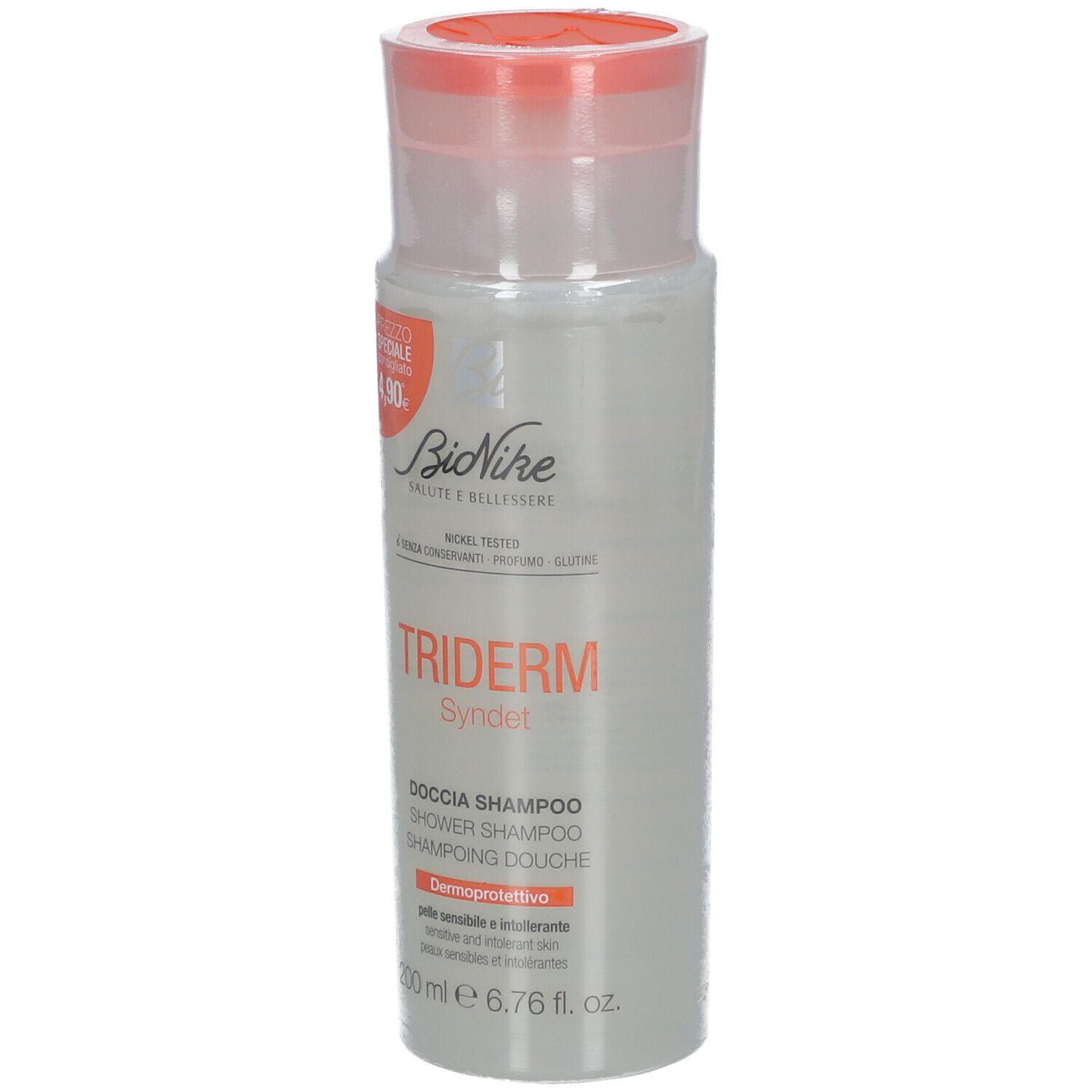 Bionike Triderm Dusch-Shampoo. Flacon avec bouchon orange. Inscription: Triderm, Shampooing douche, 200 ml.