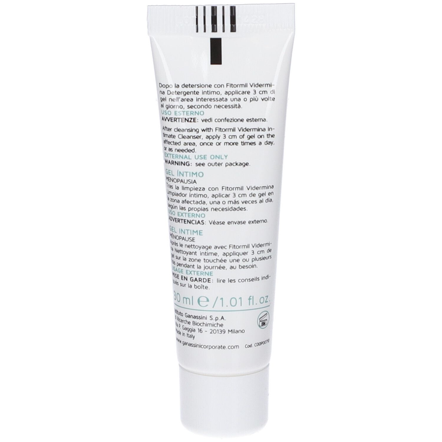 Arrière du tube FITORMIL VIDERMINA Gel Intime Ménopause avec instructions