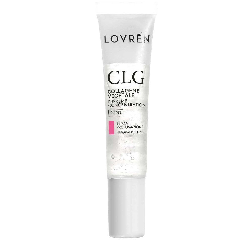 Tube transparent avec bouchon blanc. Inscriptions: LOVRÉN, CLG Collagene Vegetale, Supreme Concentration, Puro, Senza Profumazione.