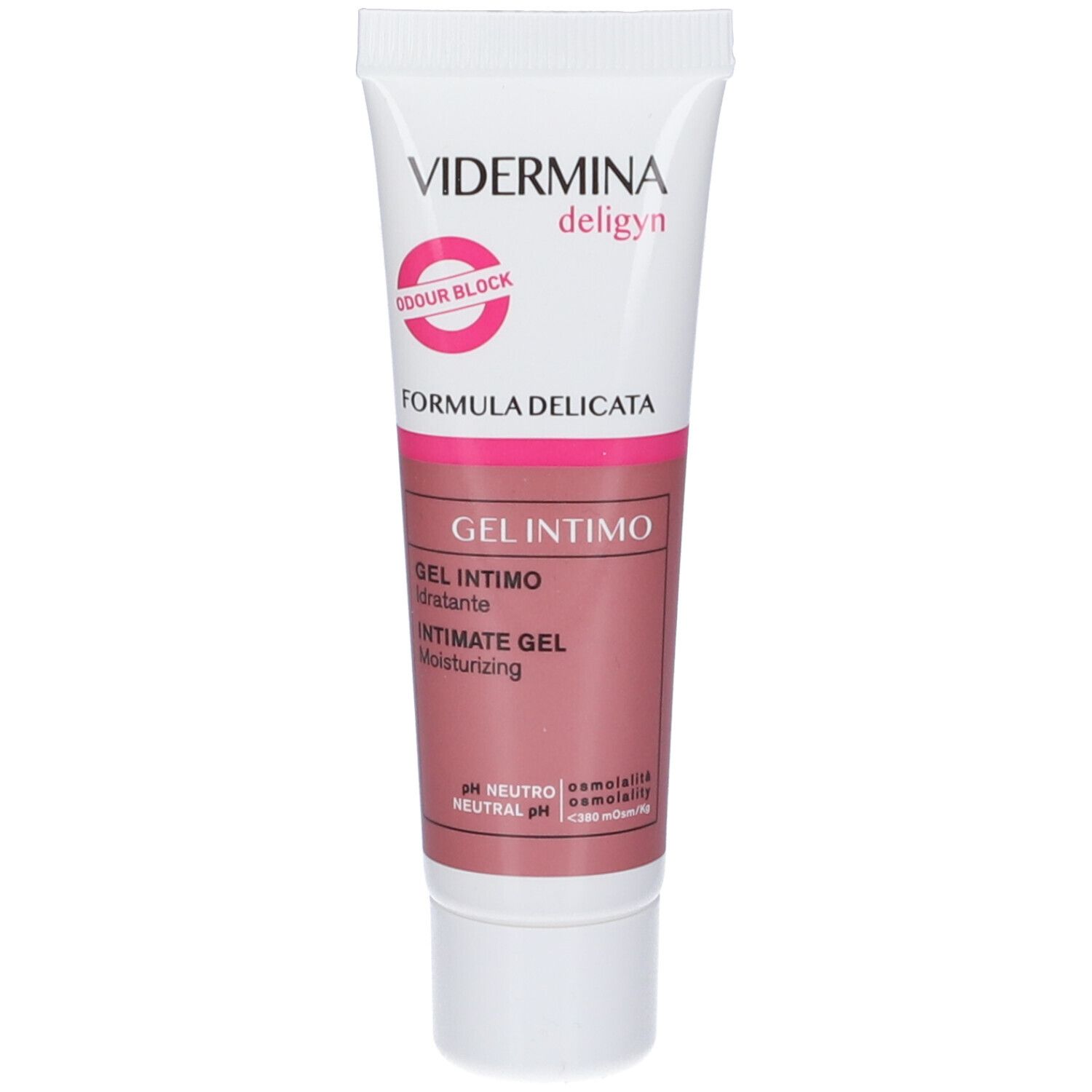Tube de VIDERMINA deligyn. Inscription: GEL INTIMO, FORMULA DELICATA, pH NEUTRO. Couleur blanc et rose.