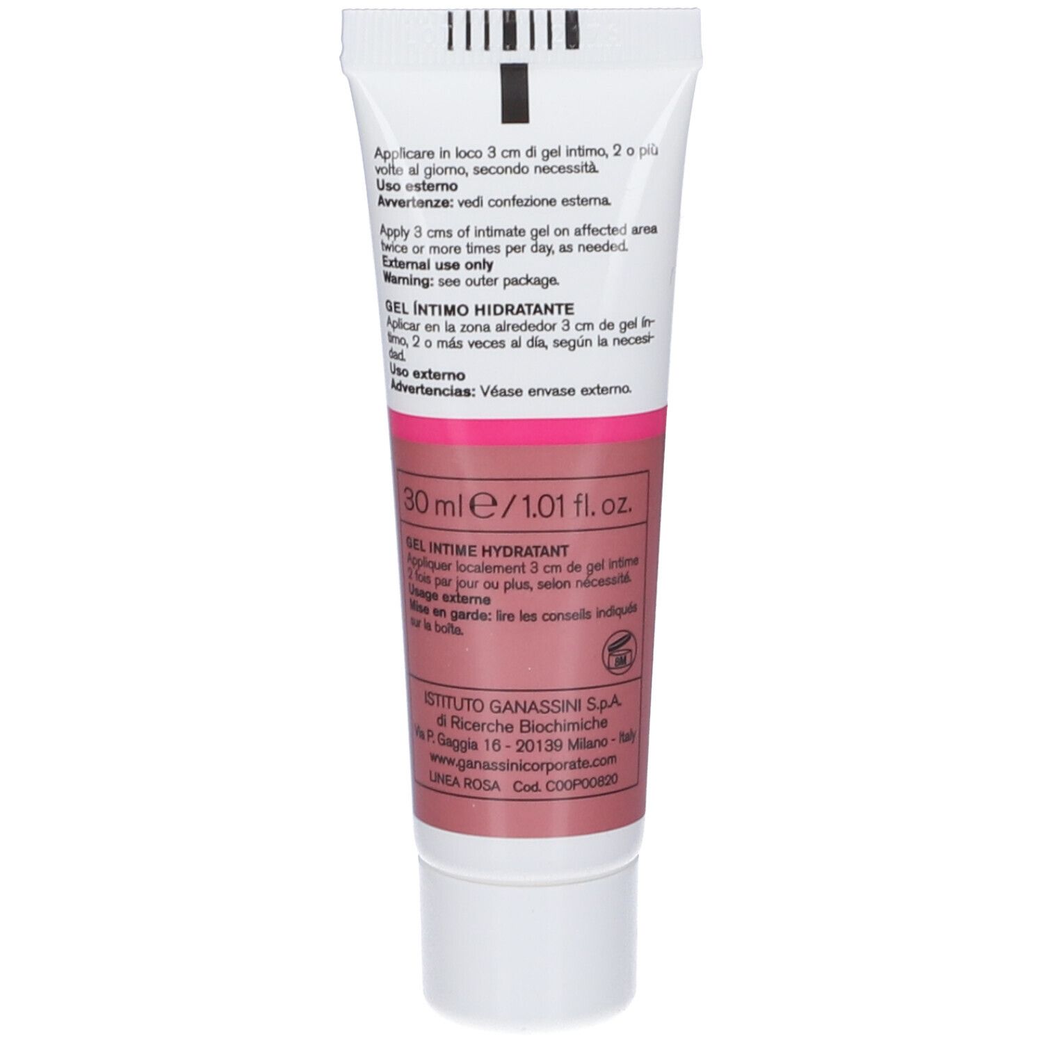 Dos du tube VIDERMINA deligyn. Texte multilingue. Couleurs rose et blanc.
